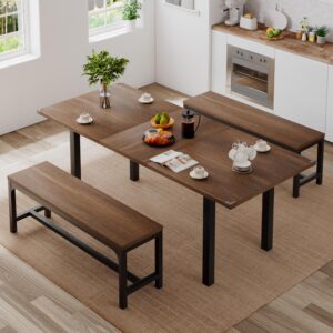 iPormis 3-Piece Dining Table Set for 4-8, 63" Extendable Kitchen Table with 2 Benches, Dining Room Table Set with Metal Frame & Wooden Board, Easy Clean, Walnut